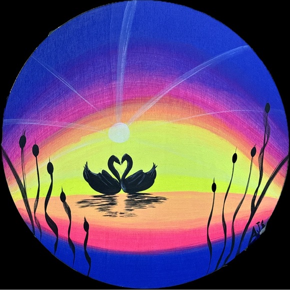 Love at Dusk! A one of a kind hand painted 14 x 14 round wooden disc. - Picture 1 of 1